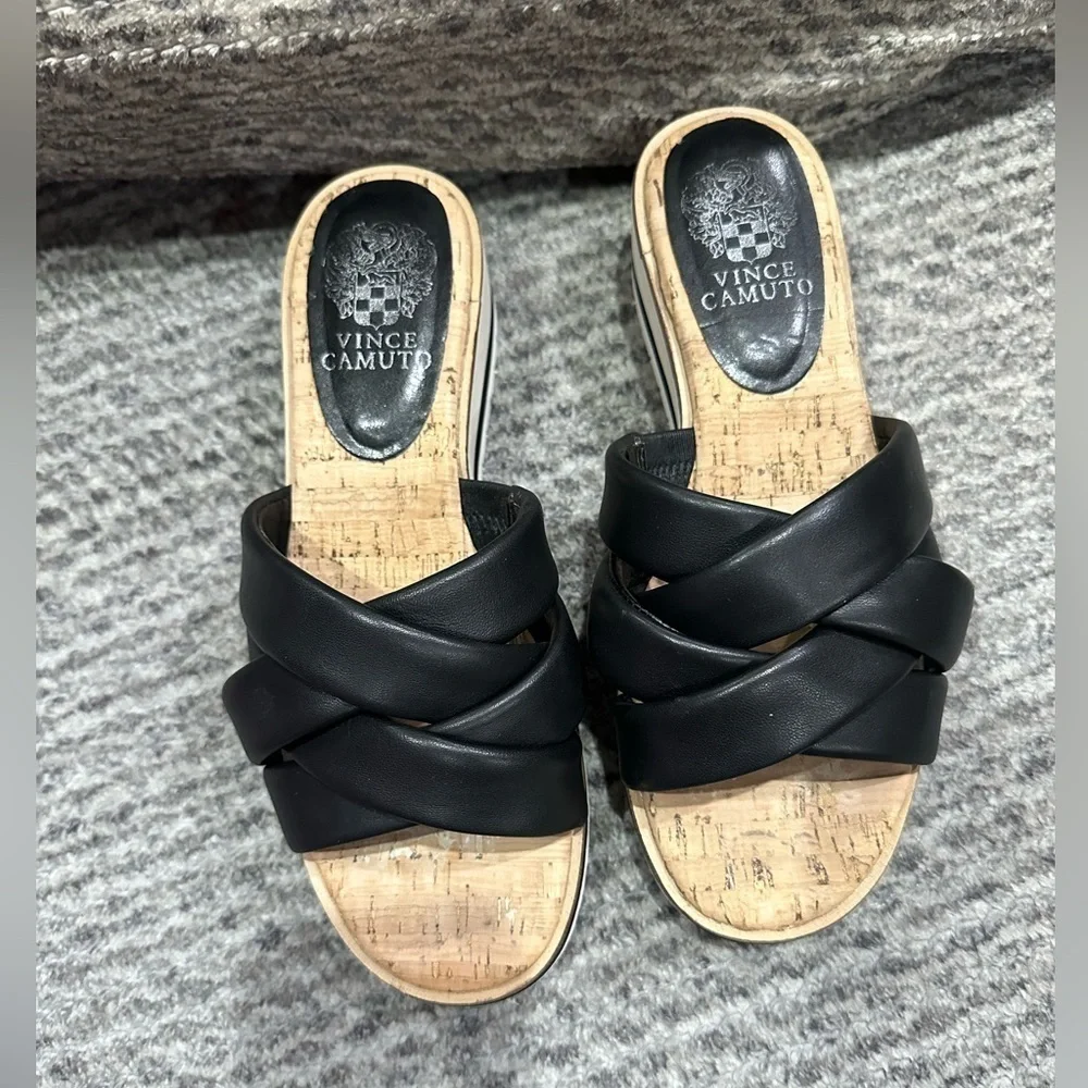 Vince Camuto black leather braided slides/sandals with cork soles and soft soles